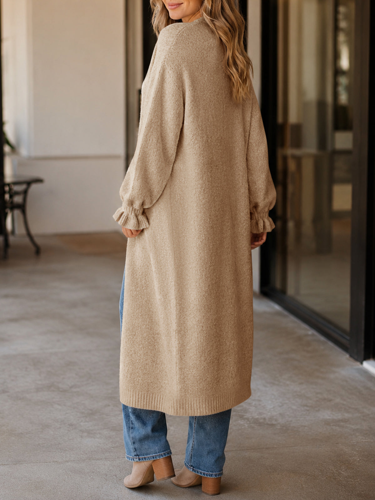 usvara Womens Ruffle Long Knit Cardigan