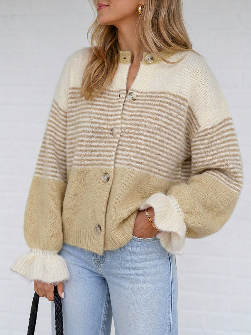 usvara Womens Striped Ruffle Sleeve Cardigan Coats