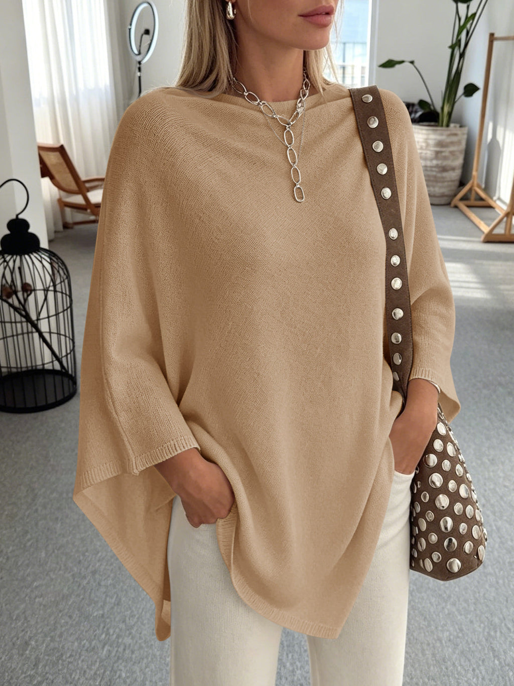 usvara Women Poncho Boat Neck Knit Sweater