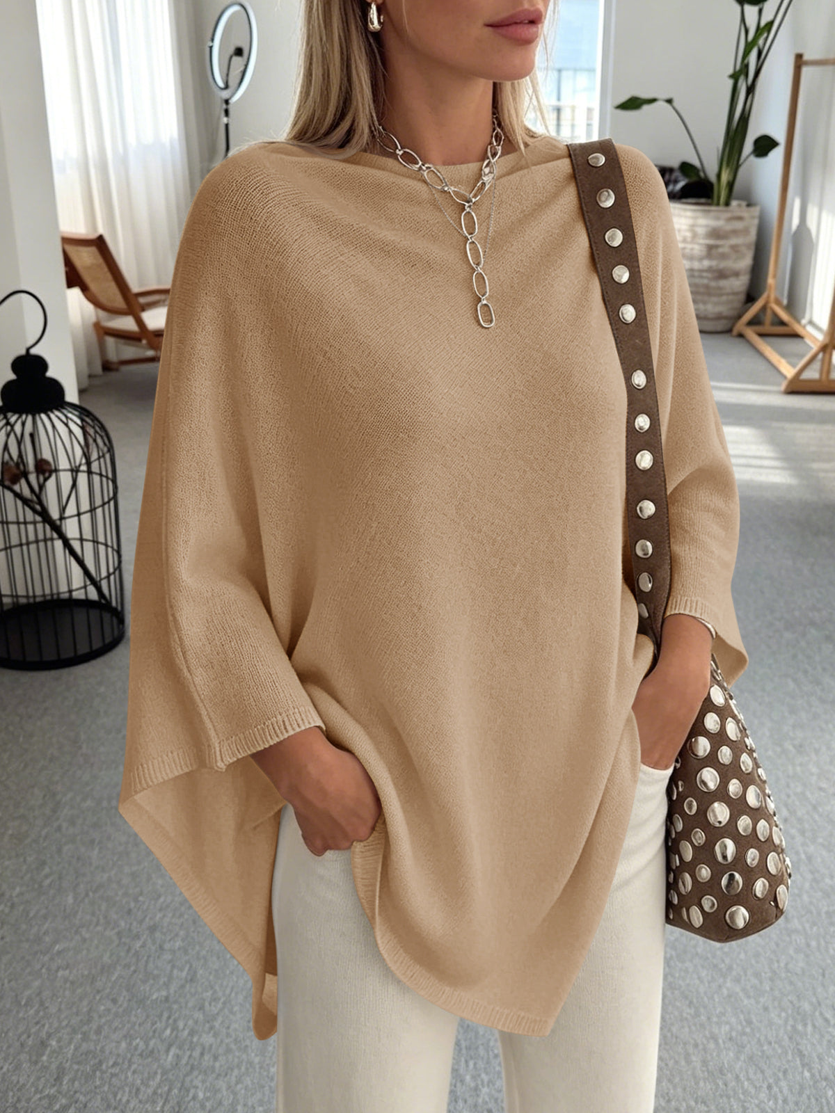 usvara Women Poncho Boat Neck Knit Sweater