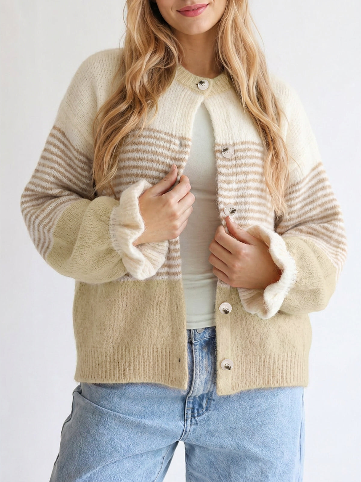 usvara Womens Striped Ruffle Sleeve Cardigan Coats