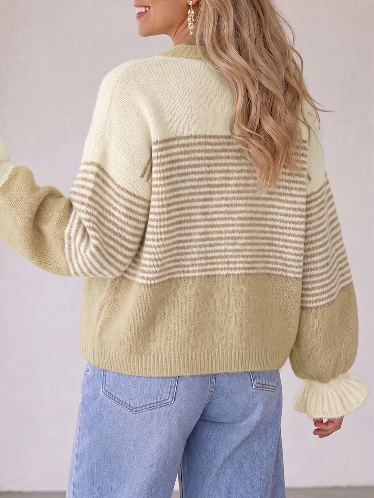 usvara Womens Striped Ruffle Sleeve Cardigan Coats