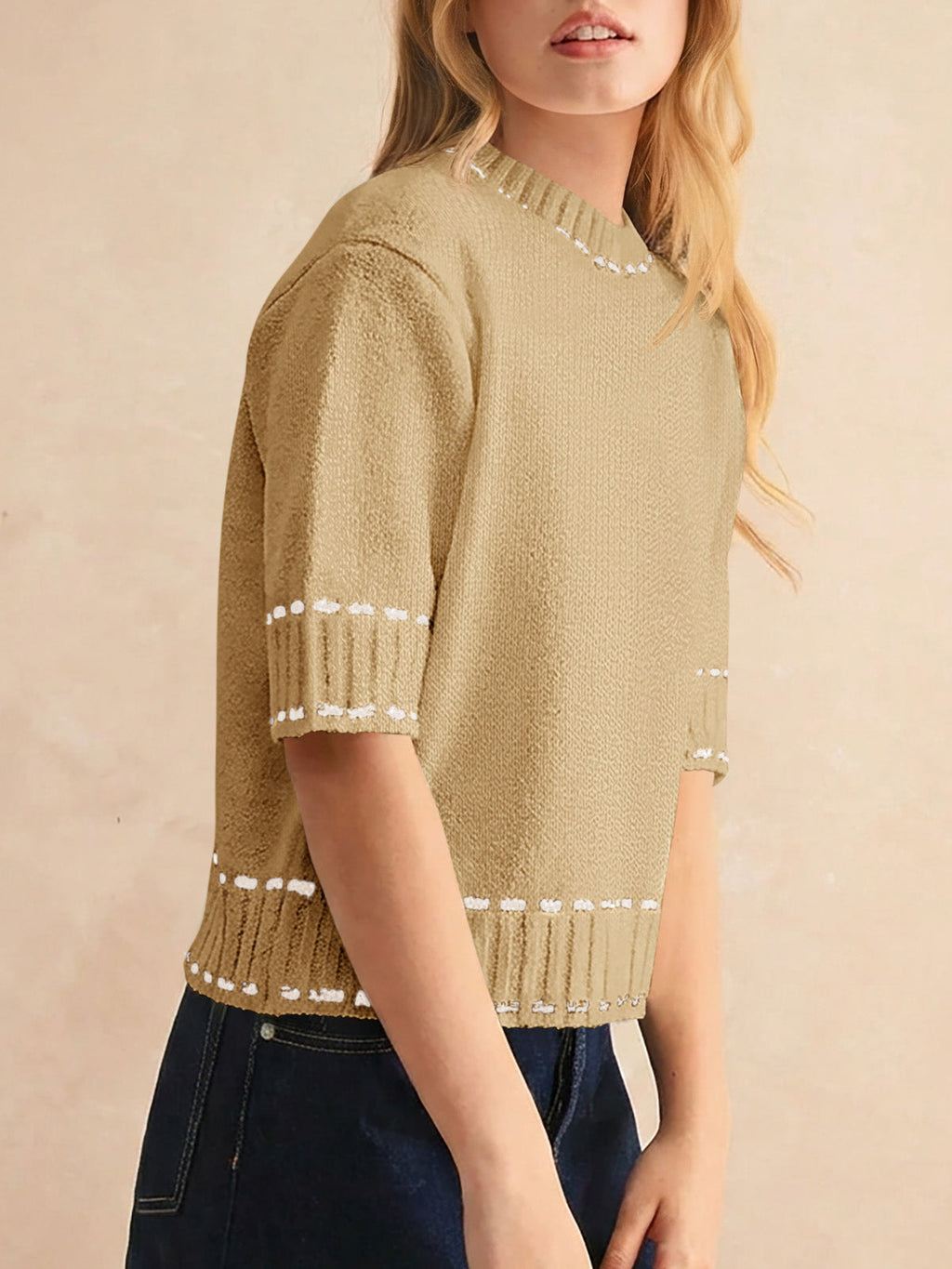 usvara Womens Cropped Crew Neck Knit Sweater
