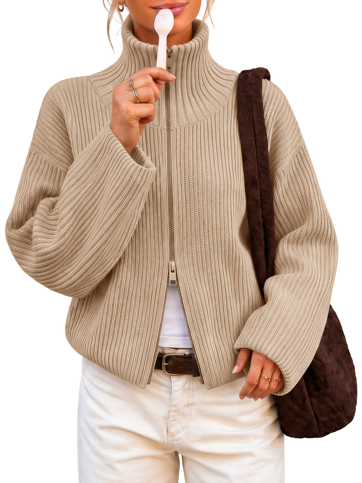 usvara Women Zip Up Chunky Knit Sweater