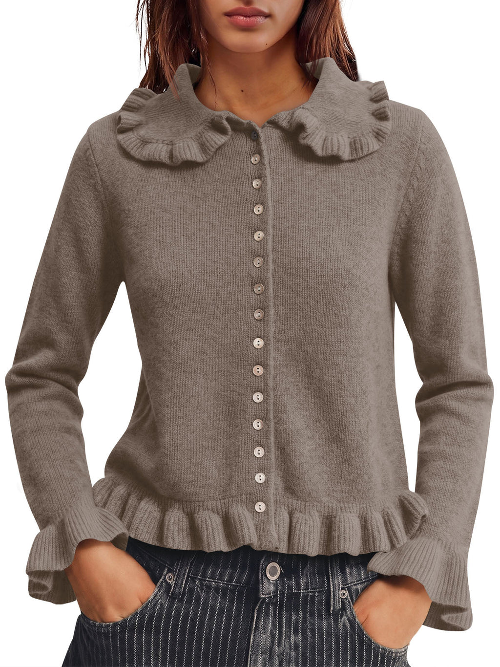 usvara Womens Ruffle Button Down Cardigan