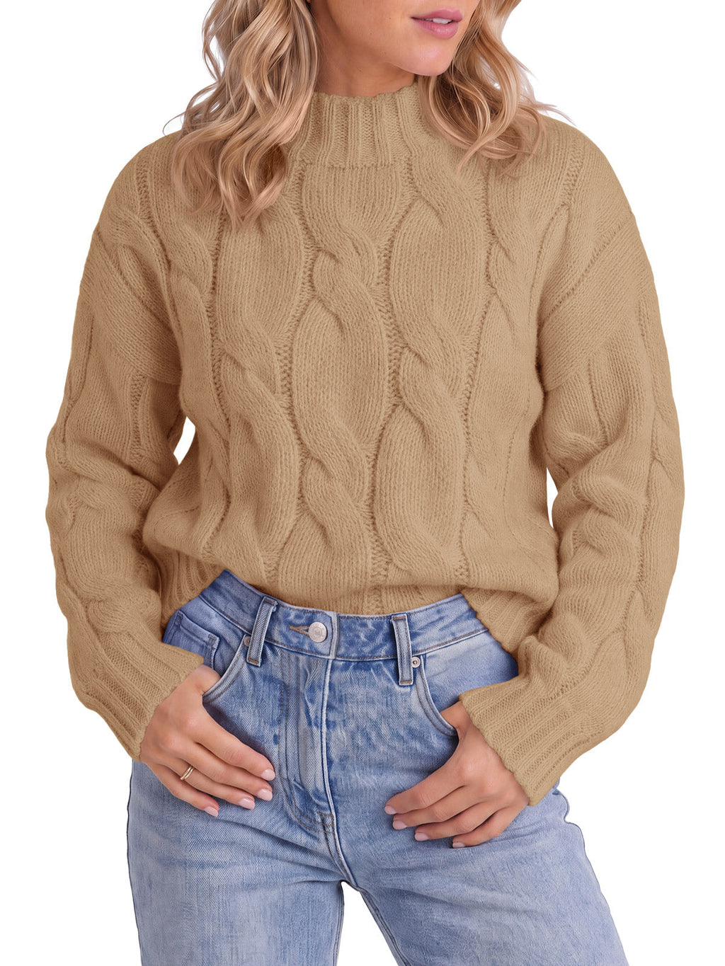 usvara Womens Mock Neck Cable Knit Sweater