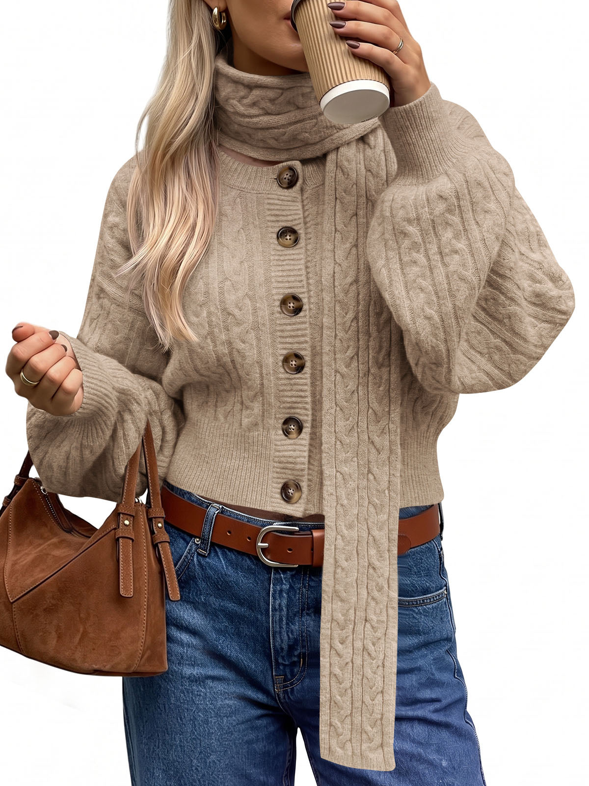 usvara Womens Cable Knit Cardigan with Scarf