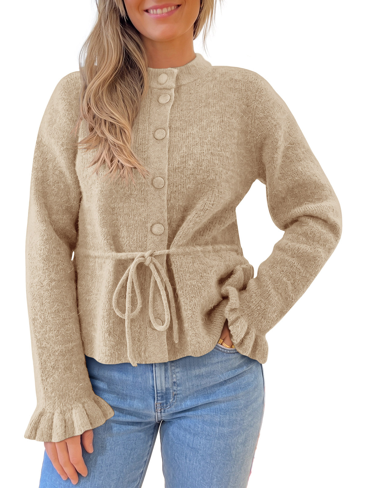 usvara Womens Ruffle Sleeve Button Tie Cardigans