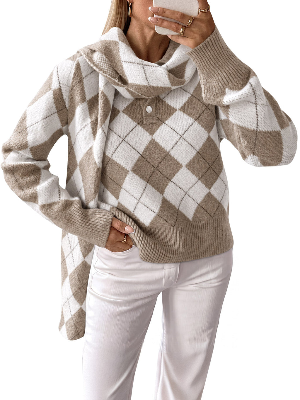 usvara Womens Argyle Color Block Polo Sweater
