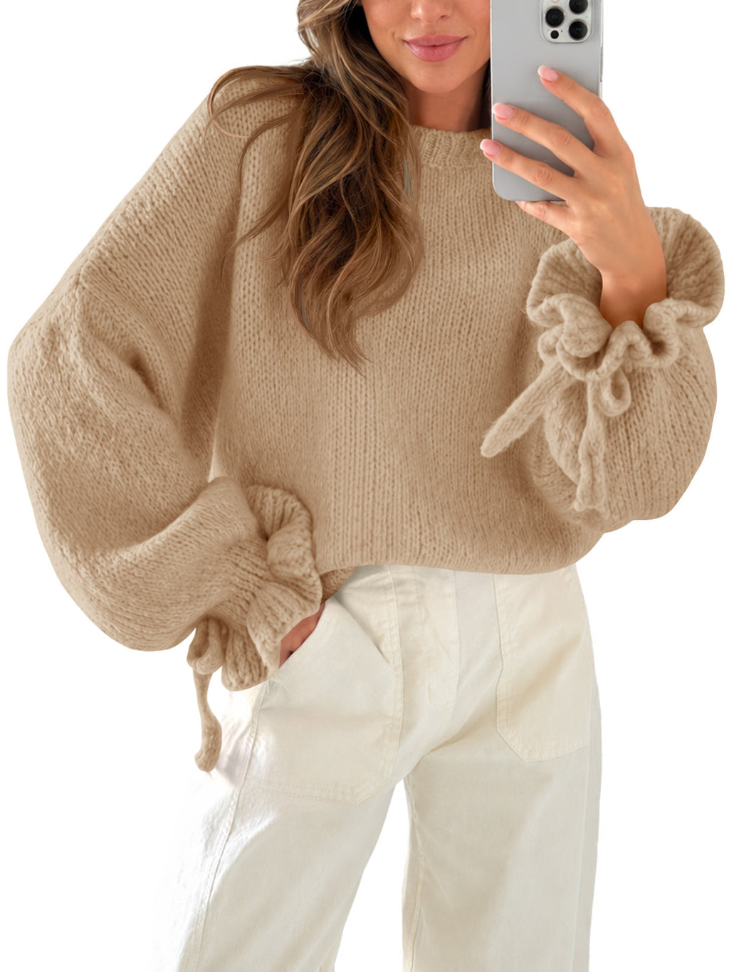 usvara Women Ruffle Long Sleeve Knit Sweater