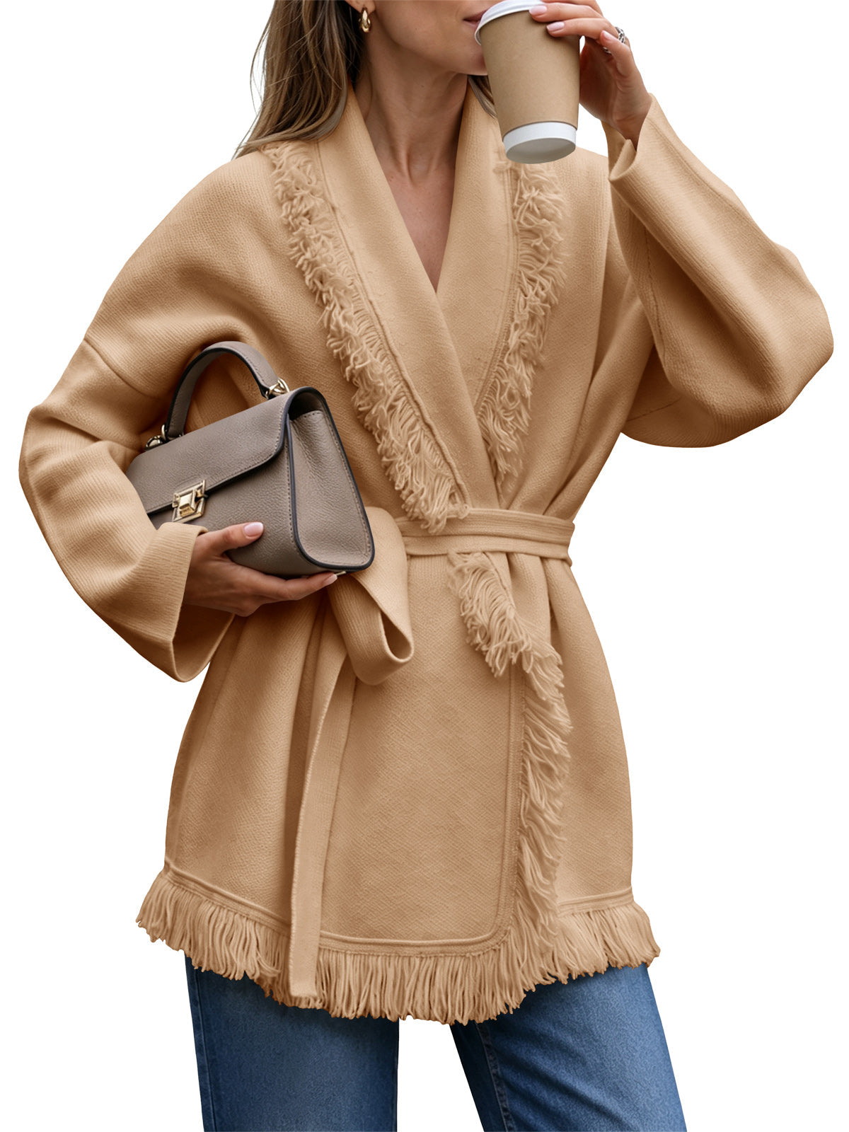 usvara Womens Tassel Fringe Lapel Cardigan