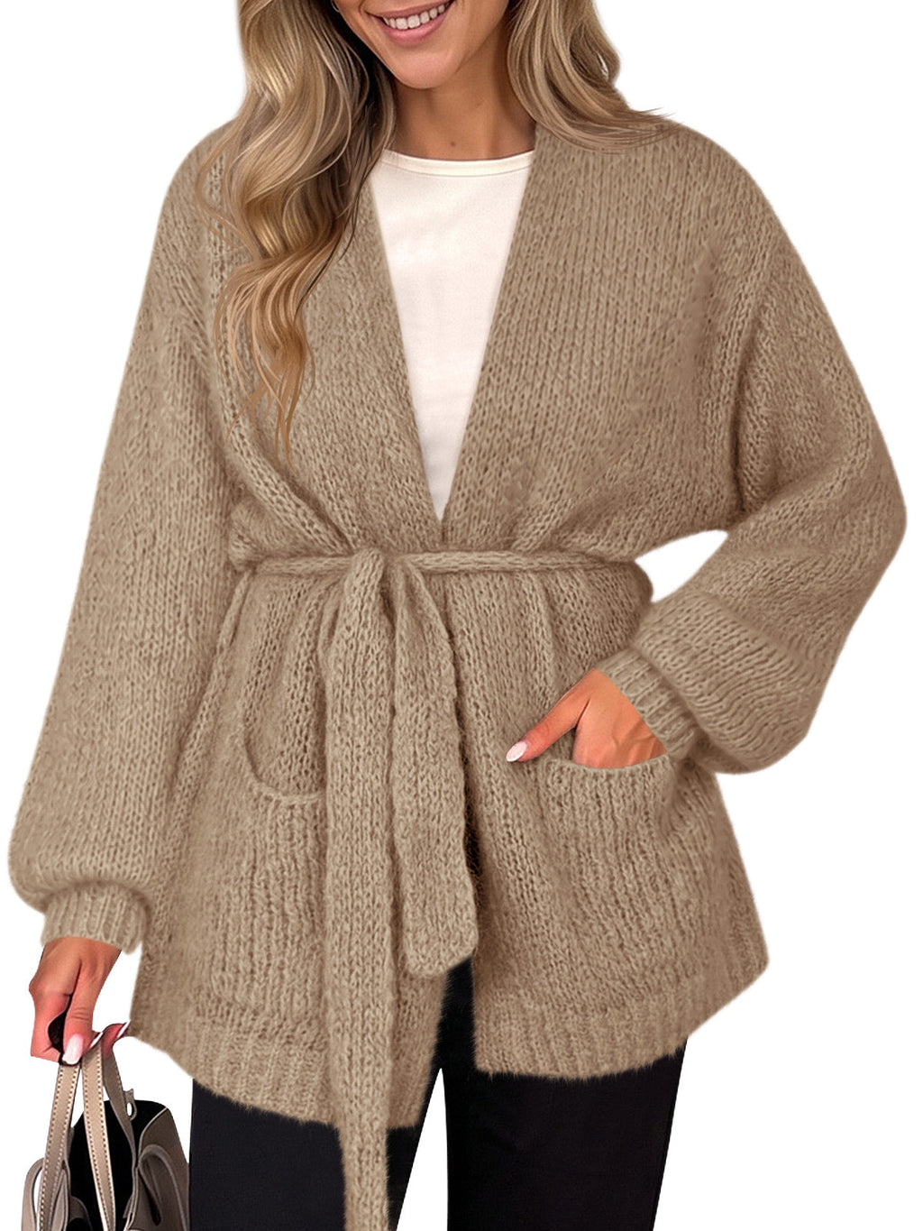 usvara Womens V Neck Belted Cardigan