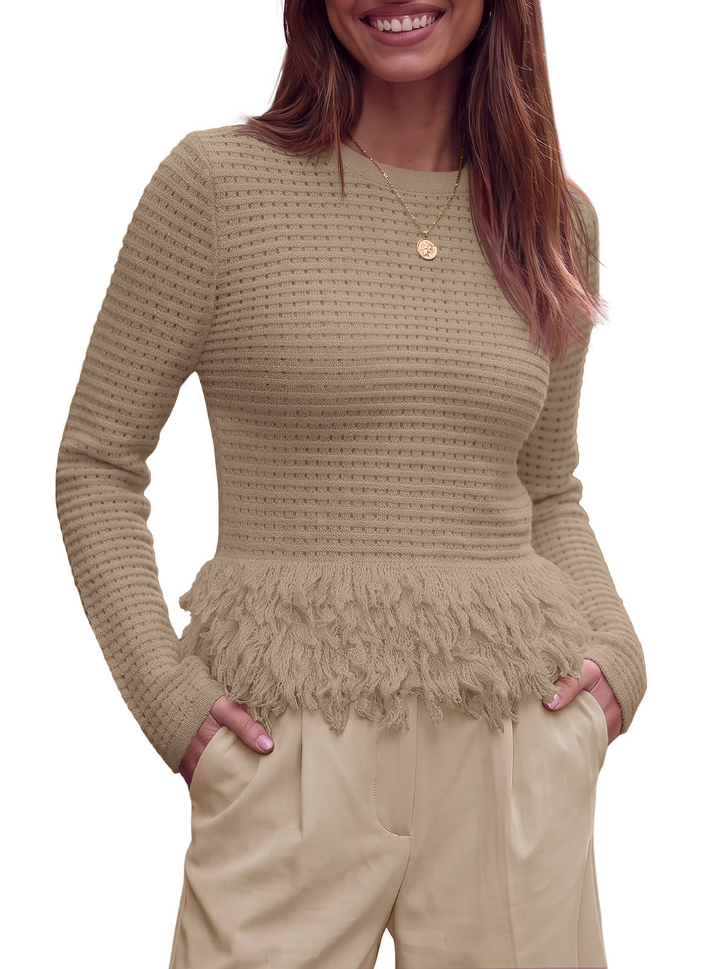 usvara Womens Crochet Fringe Crew Neck Sweater