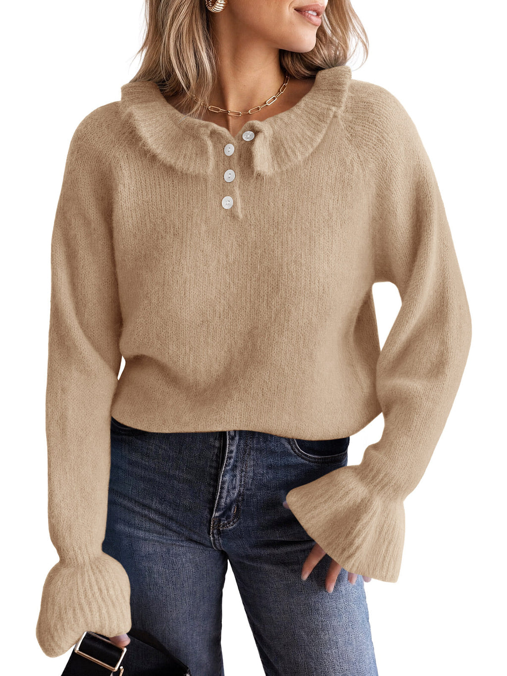 usvara Women Ruffle Collared Long Sleeve Sweater