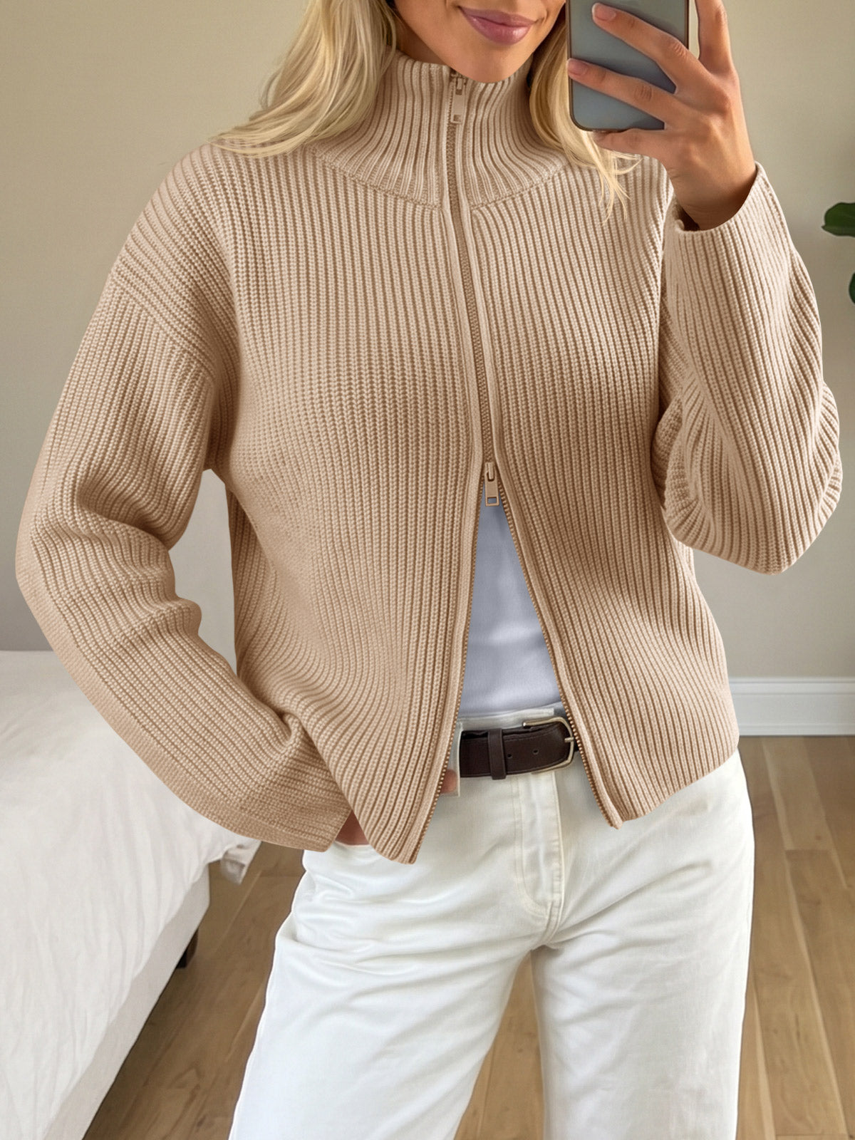 usvara Women Zip Up Chunky Knit Sweater