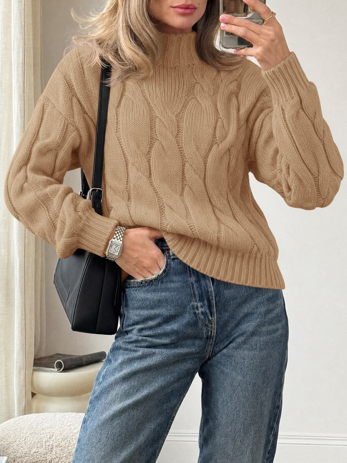 usvara Womens Mock Neck Cable Knit Sweater