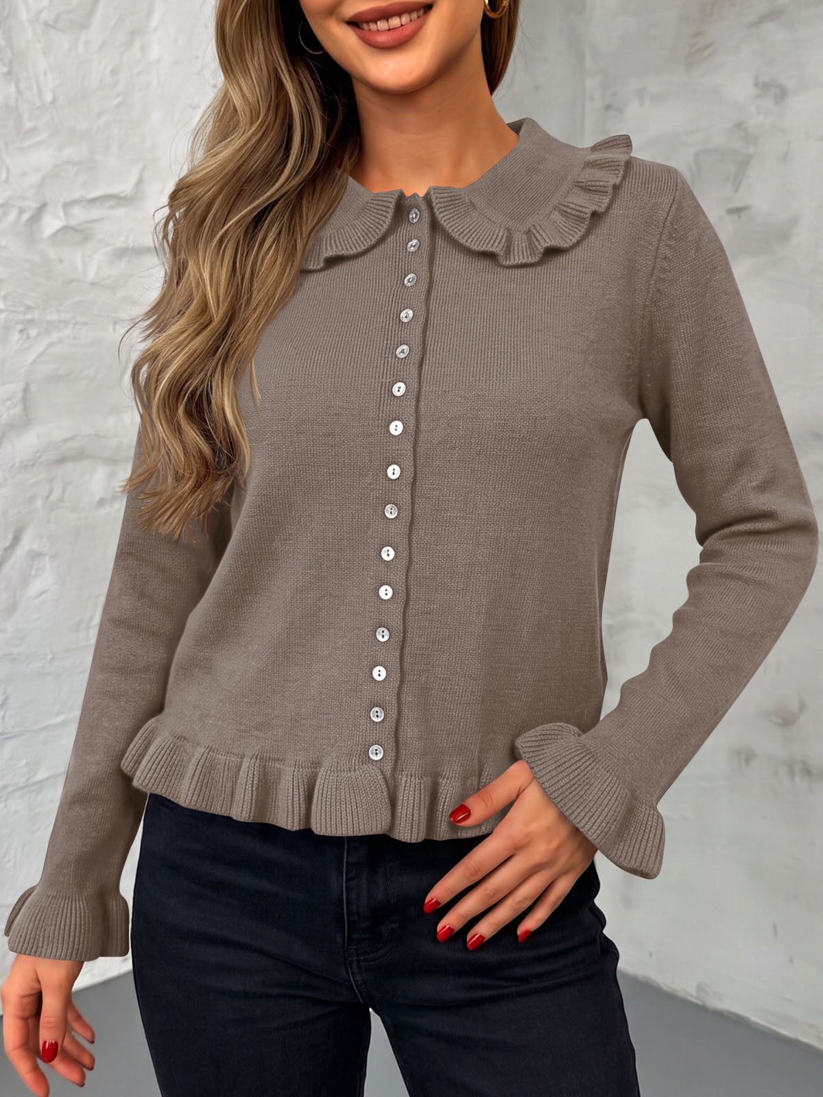 usvara Womens Ruffle Button Down Cardigan