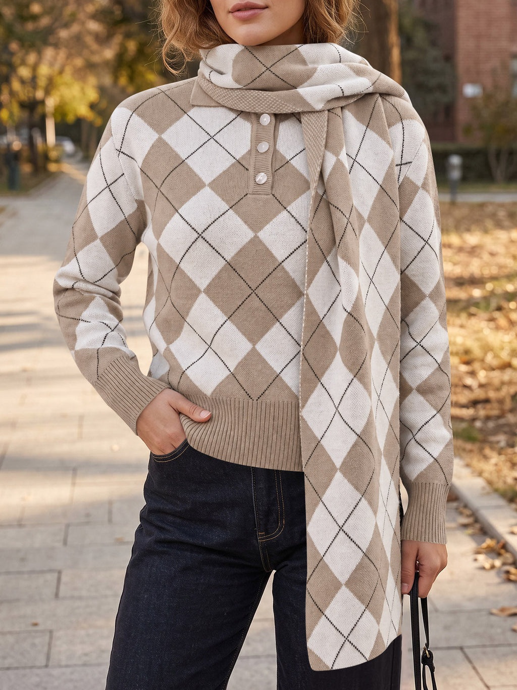 usvara Womens Argyle Color Block Polo Sweater