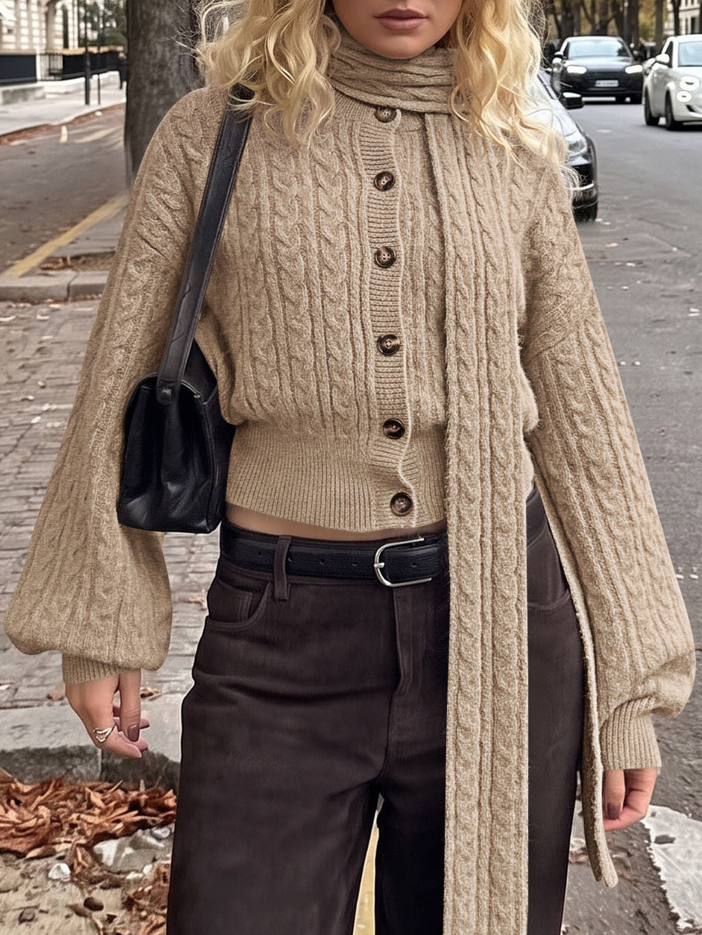 usvara Womens Cable Knit Cardigan with Scarf