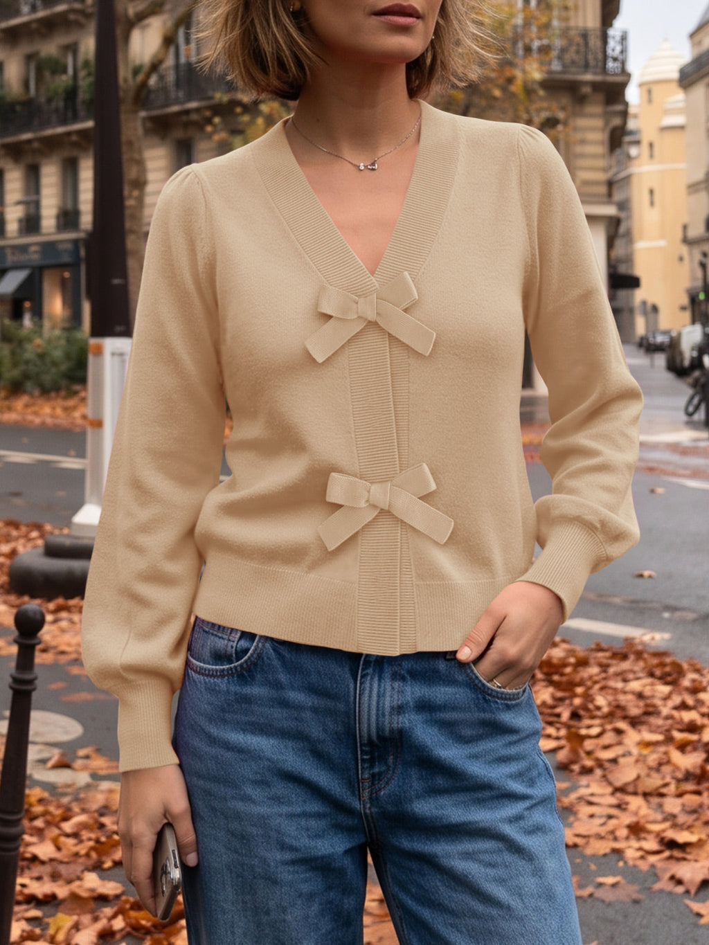 usvara Women V Neck Bow Knit Cardigan