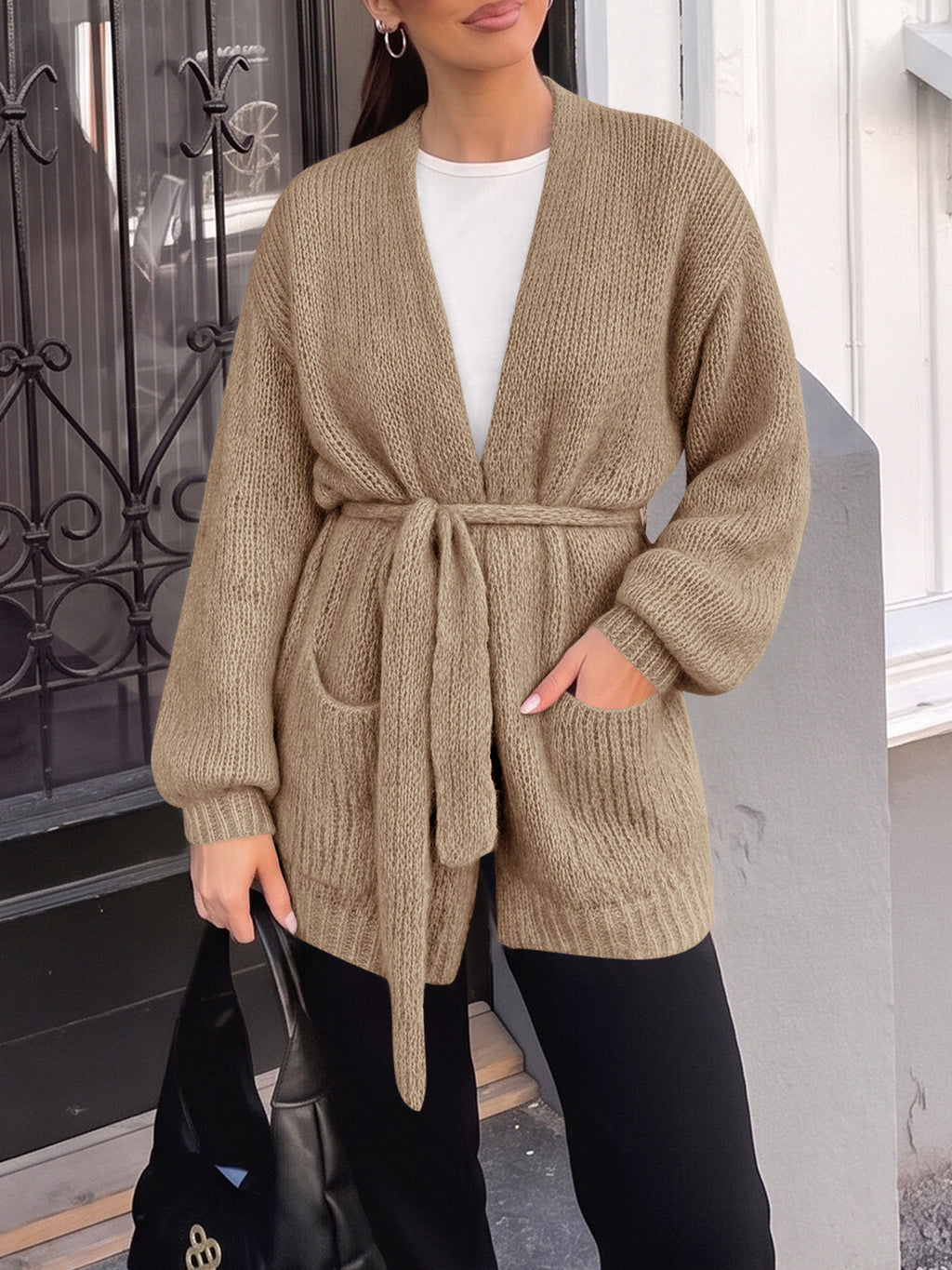 usvara Womens V Neck Belted Cardigan