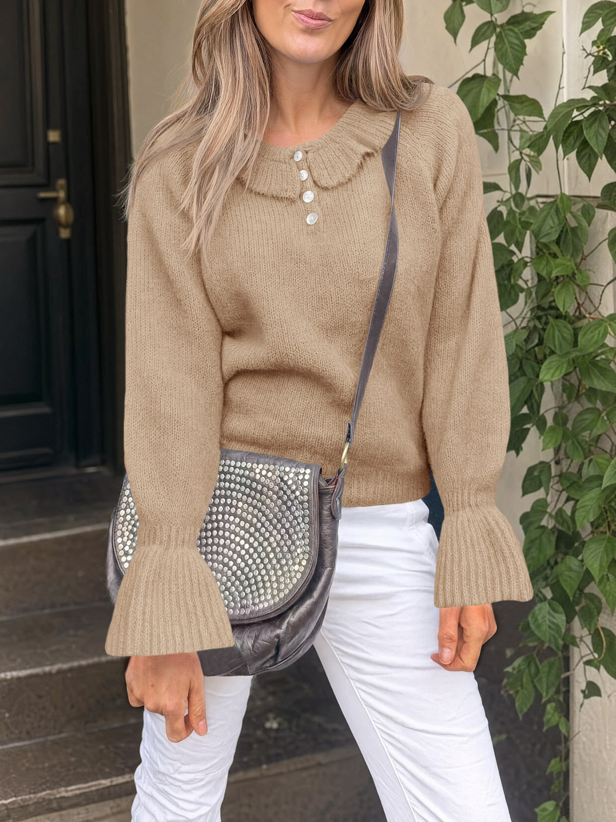 usvara Women Ruffle Collared Long Sleeve Sweater