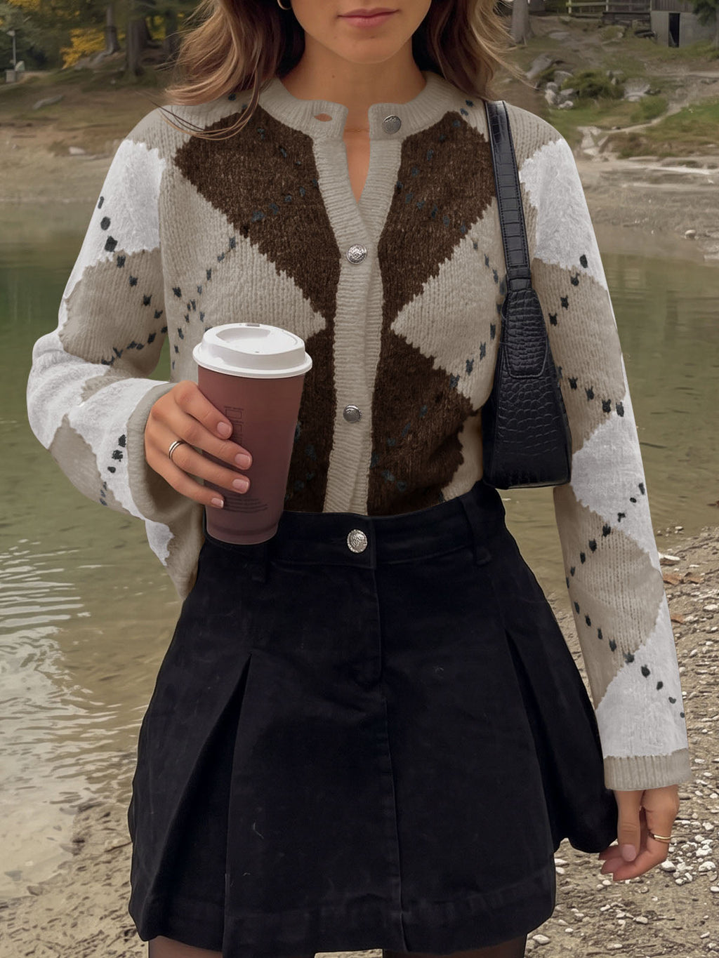 usvara Womens Argyle Crew Neck Knit Cardigan