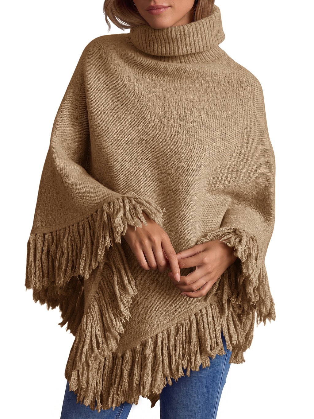 usvara Womens Fringe Turtleneck Poncho Sweater