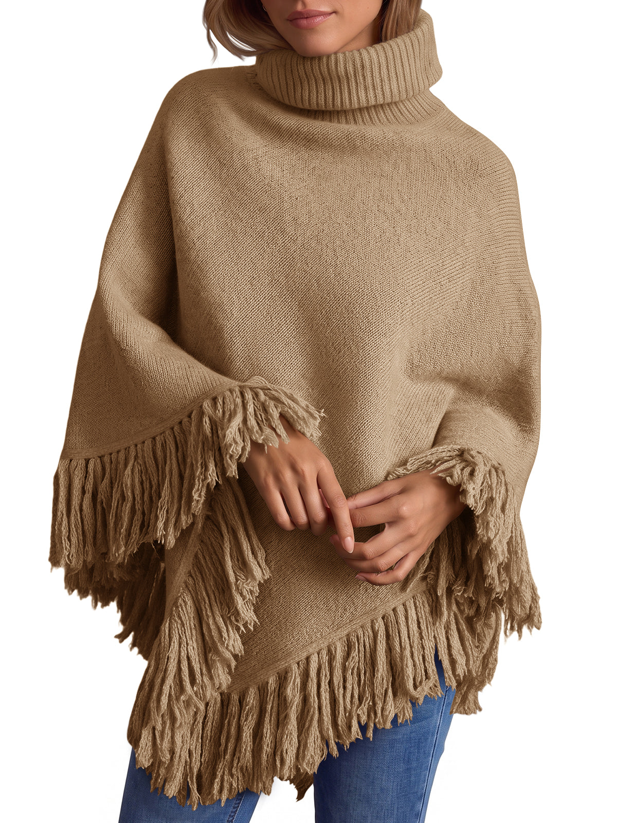 usvara Womens Fringe Turtleneck Poncho Sweater