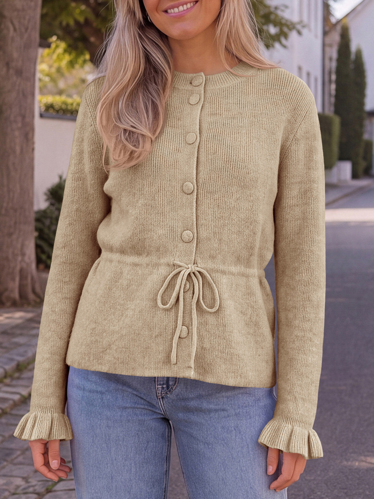 usvara Womens Ruffle Sleeve Button Tie Cardigans