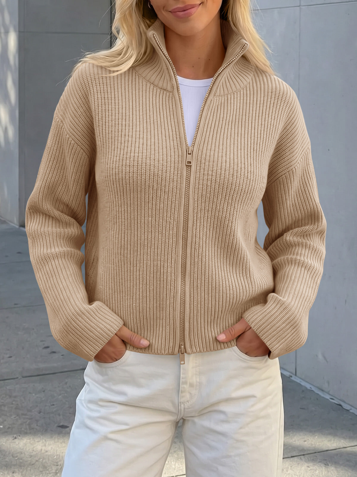 usvara Women Zip Up Chunky Knit Sweater