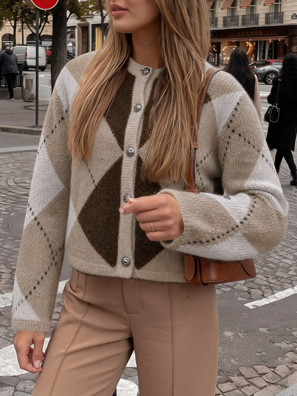 usvara Womens Argyle Crew Neck Knit Cardigan