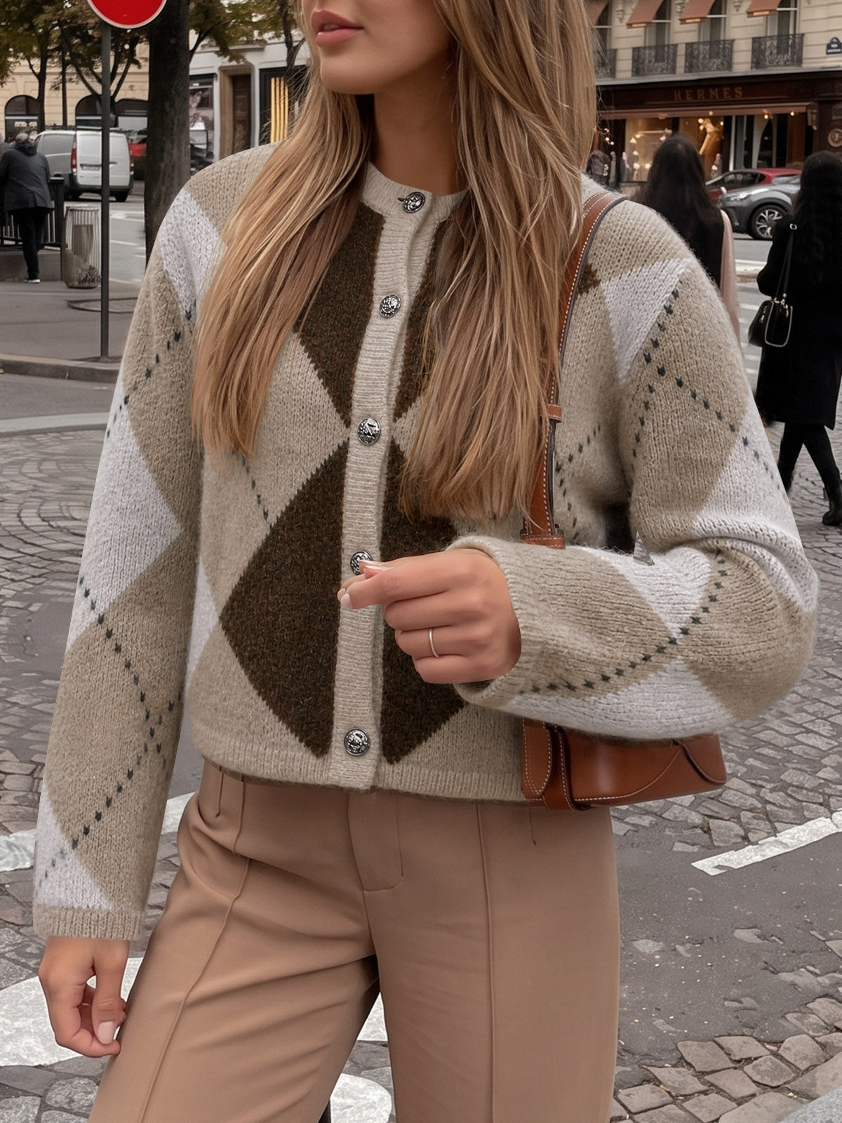 usvara Womens Argyle Crew Neck Knit Cardigan