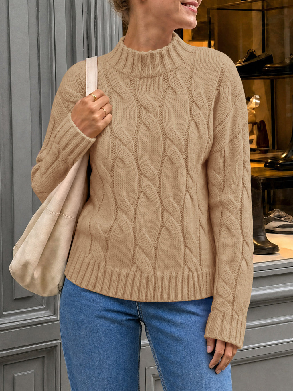 usvara Womens Mock Neck Cable Knit Sweater