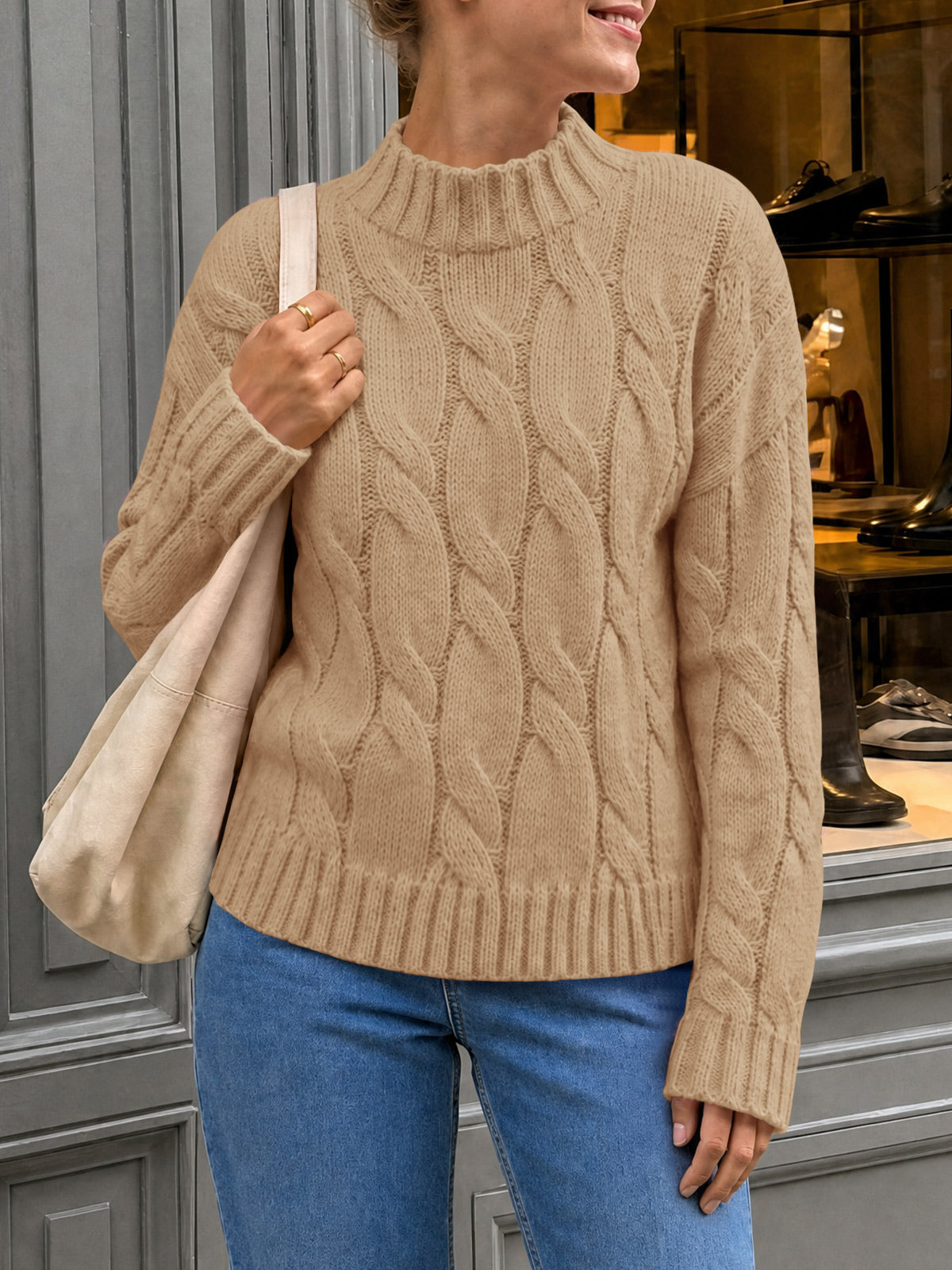 usvara Womens Mock Neck Cable Knit Sweater