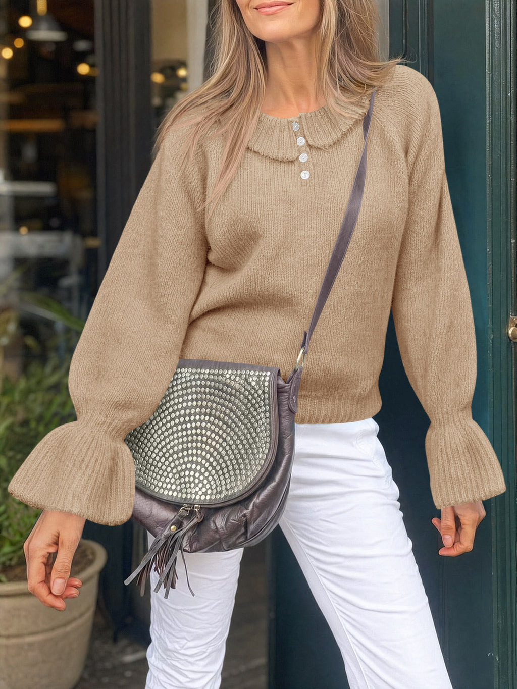 usvara Women Ruffle Collared Long Sleeve Sweater