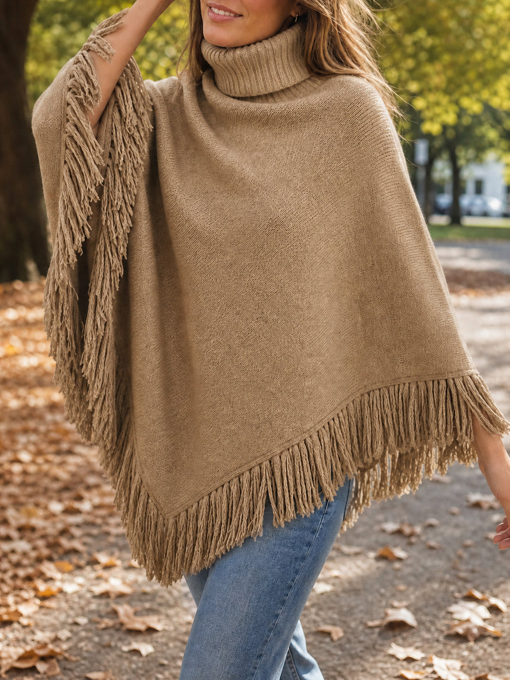 usvara Womens Fringe Turtleneck Poncho Sweater