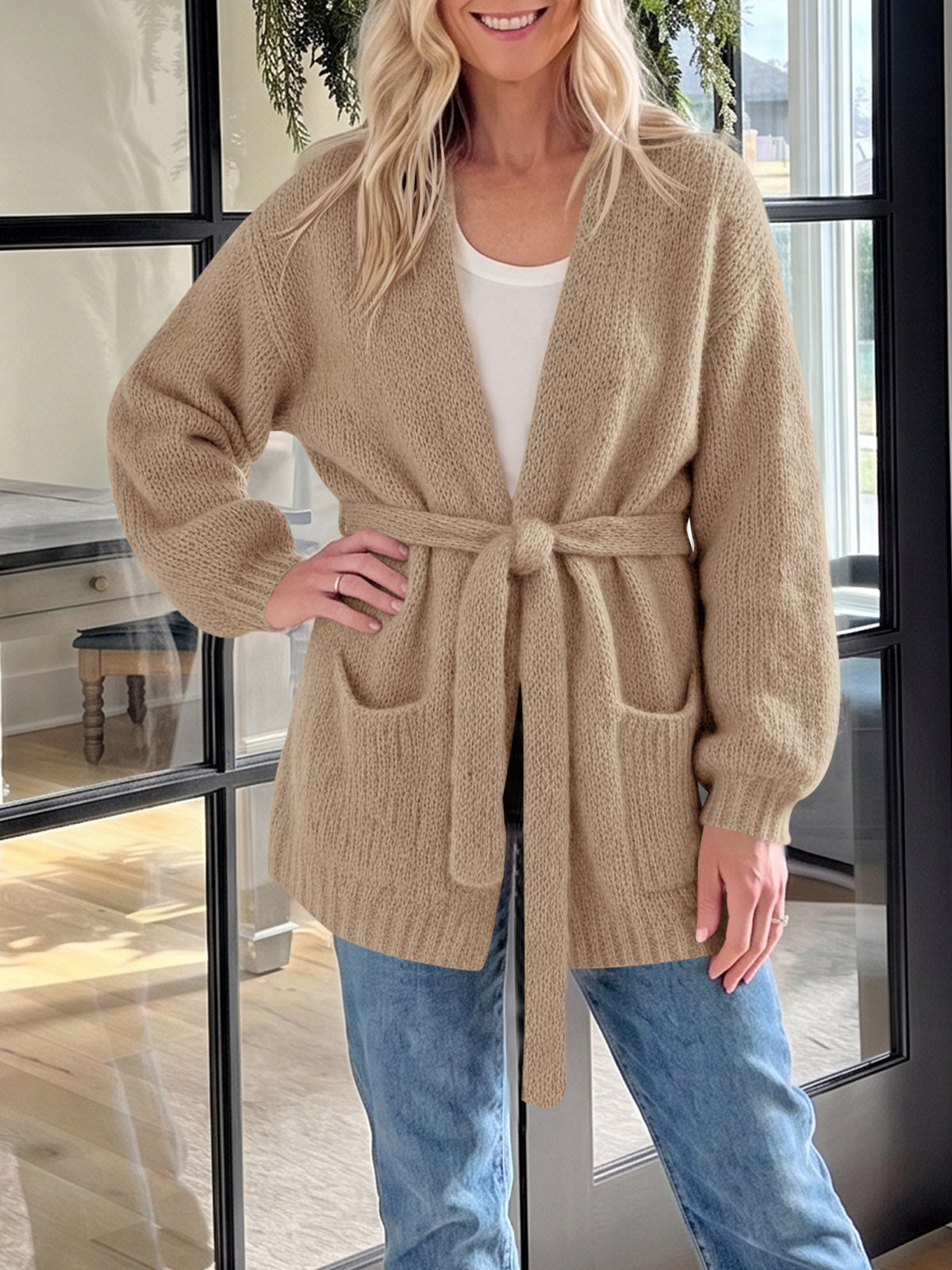 usvara Womens V Neck Belted Cardigan
