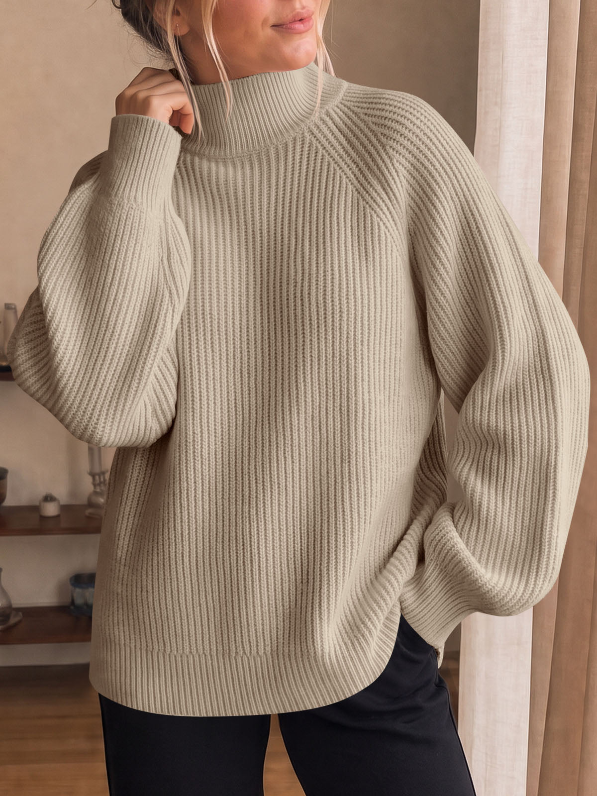 usvara Womens High Neck Oversized Knit Sweater