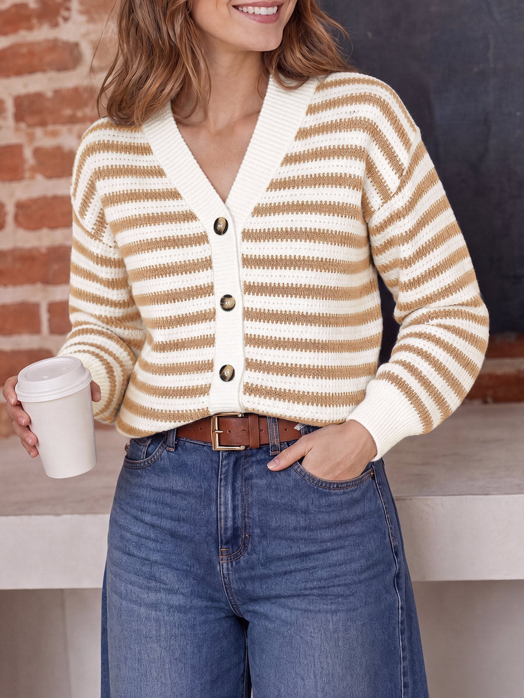 usvara Womens Striped V Neck Cardigan