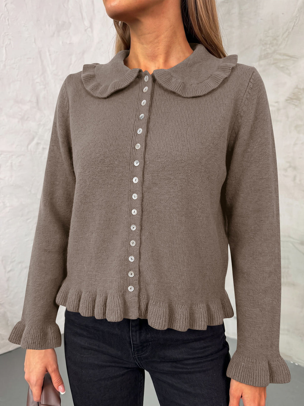 usvara Womens Ruffle Button Down Cardigan
