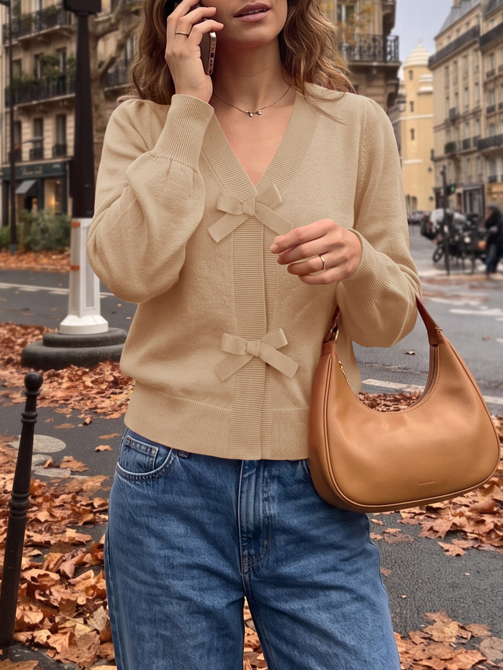 usvara Women V Neck Bow Knit Cardigan