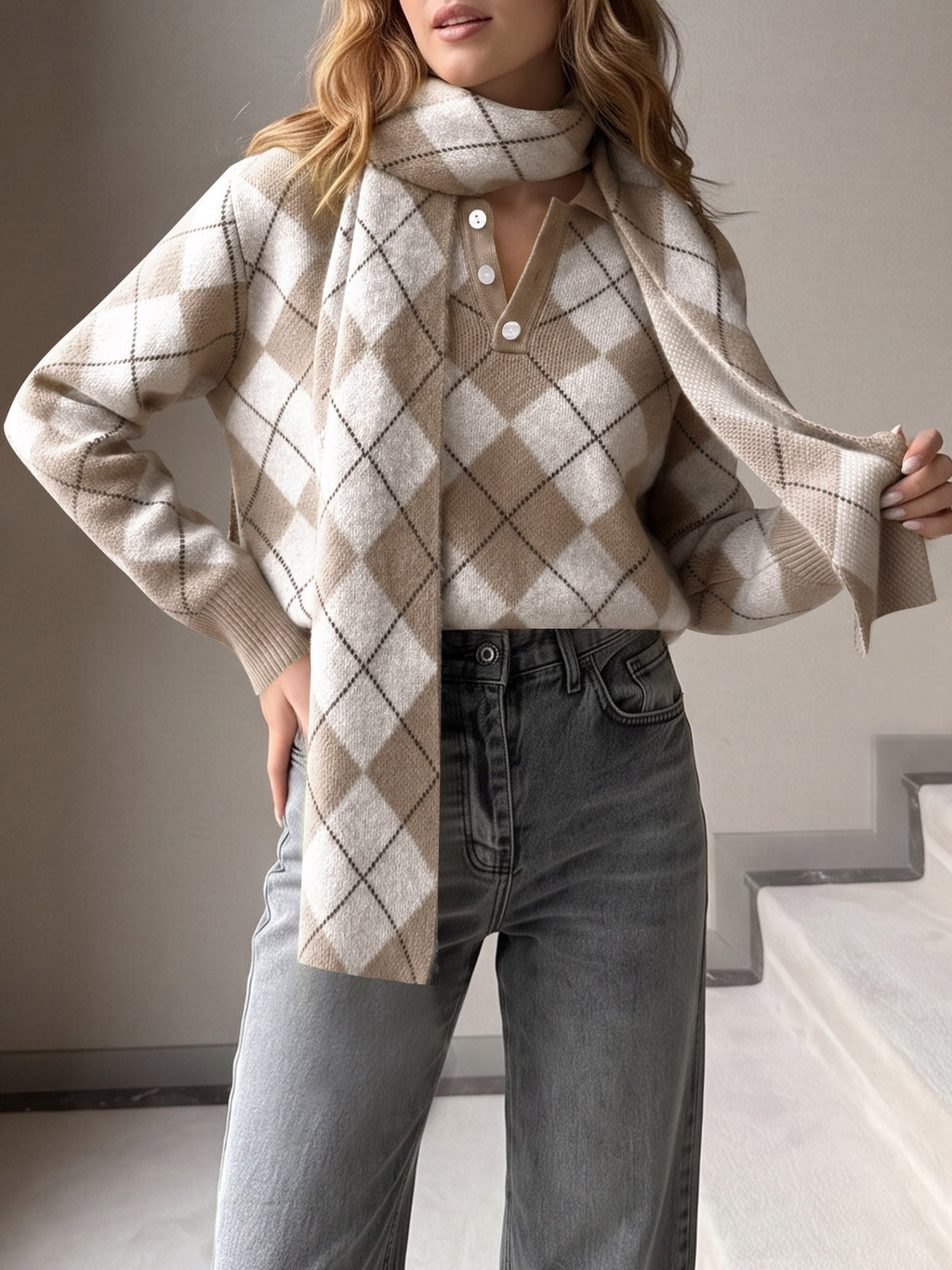 usvara Womens Argyle Color Block Polo Sweater