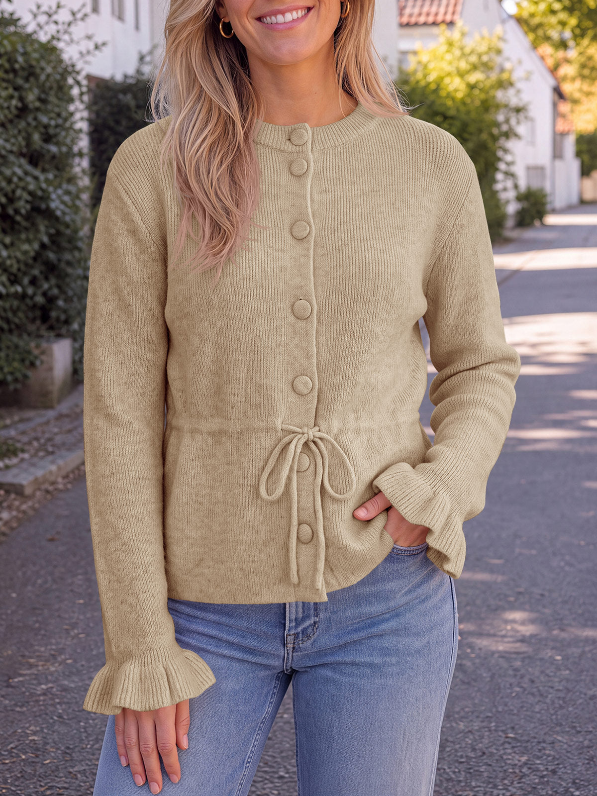 usvara Womens Ruffle Sleeve Button Tie Cardigans