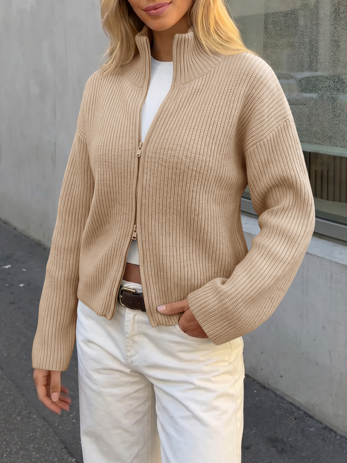 usvara Women Zip Up Chunky Knit Sweater