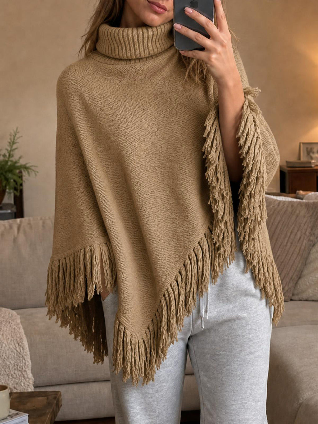 usvara Womens Fringe Turtleneck Poncho Sweater