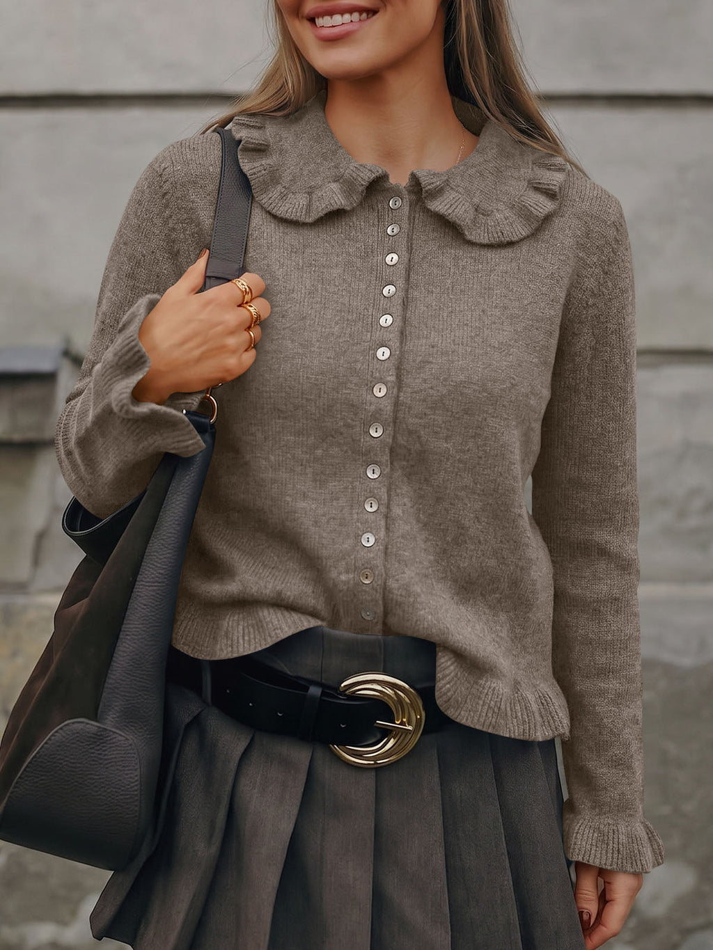 usvara Womens Ruffle Button Down Cardigan