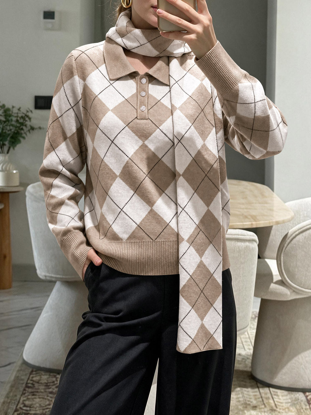 usvara Womens Argyle Color Block Polo Sweater