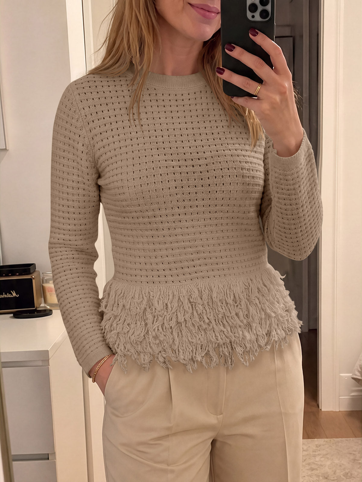 usvara Womens Crochet Fringe Crew Neck Sweater