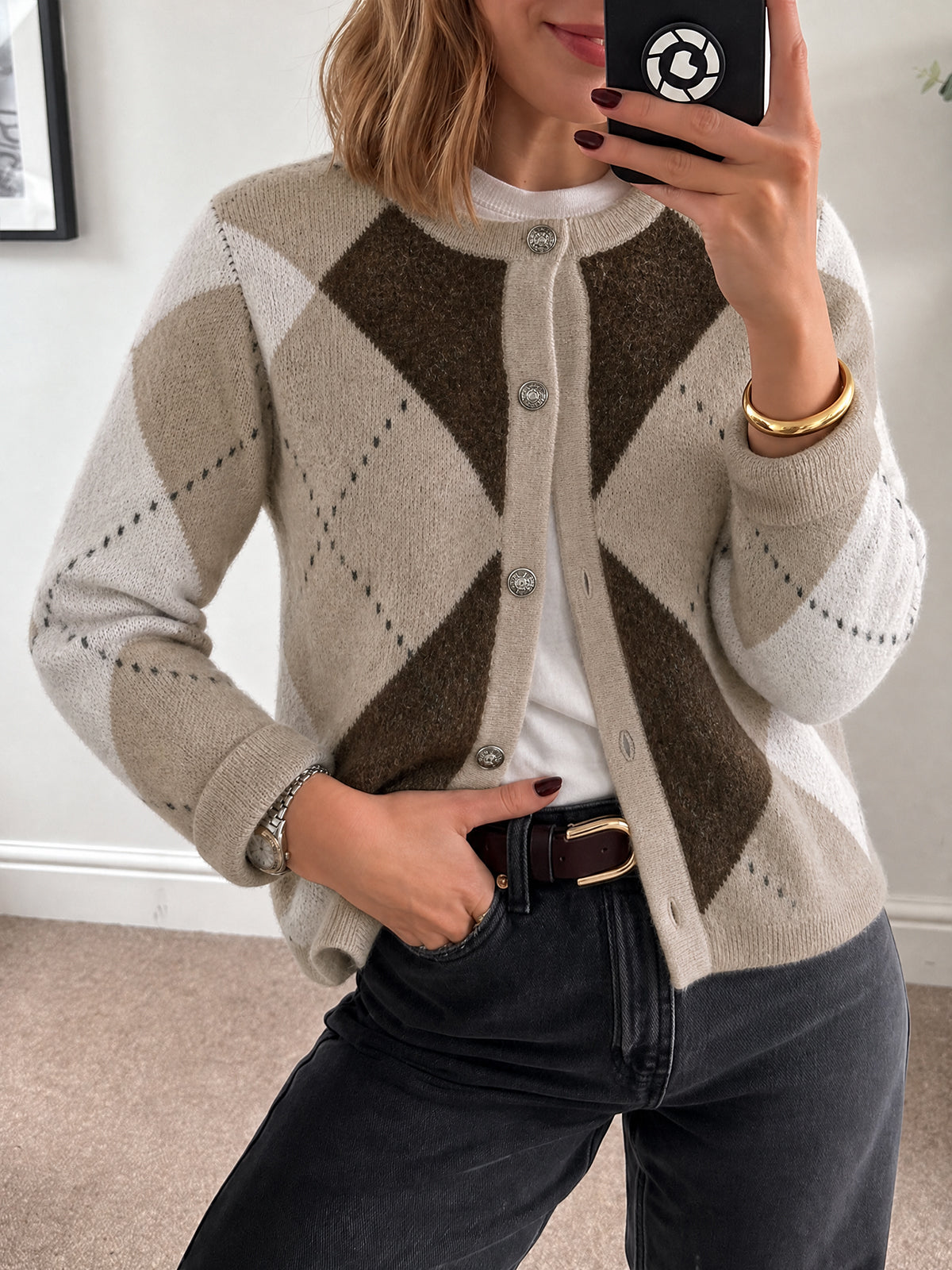 usvara Womens Argyle Crew Neck Knit Cardigan